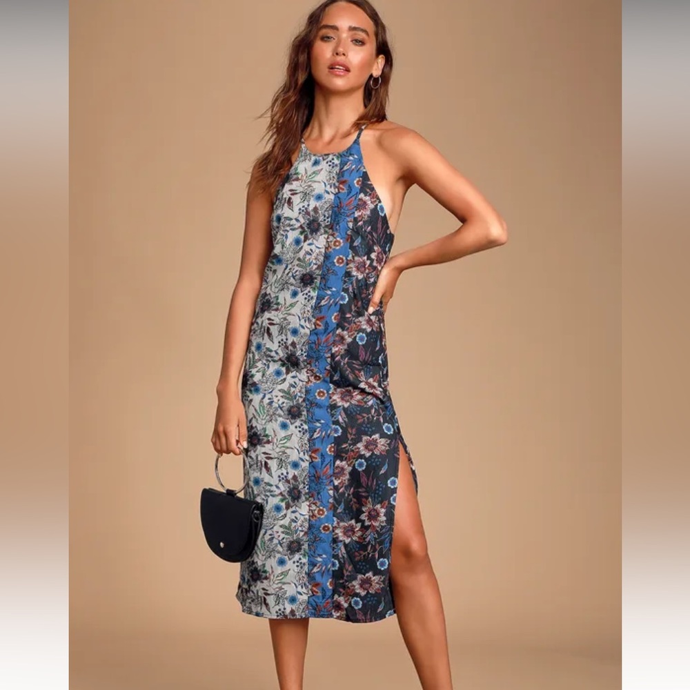 Lulu’s white and blue floral colorblock halter midi dress with mid thigh slit